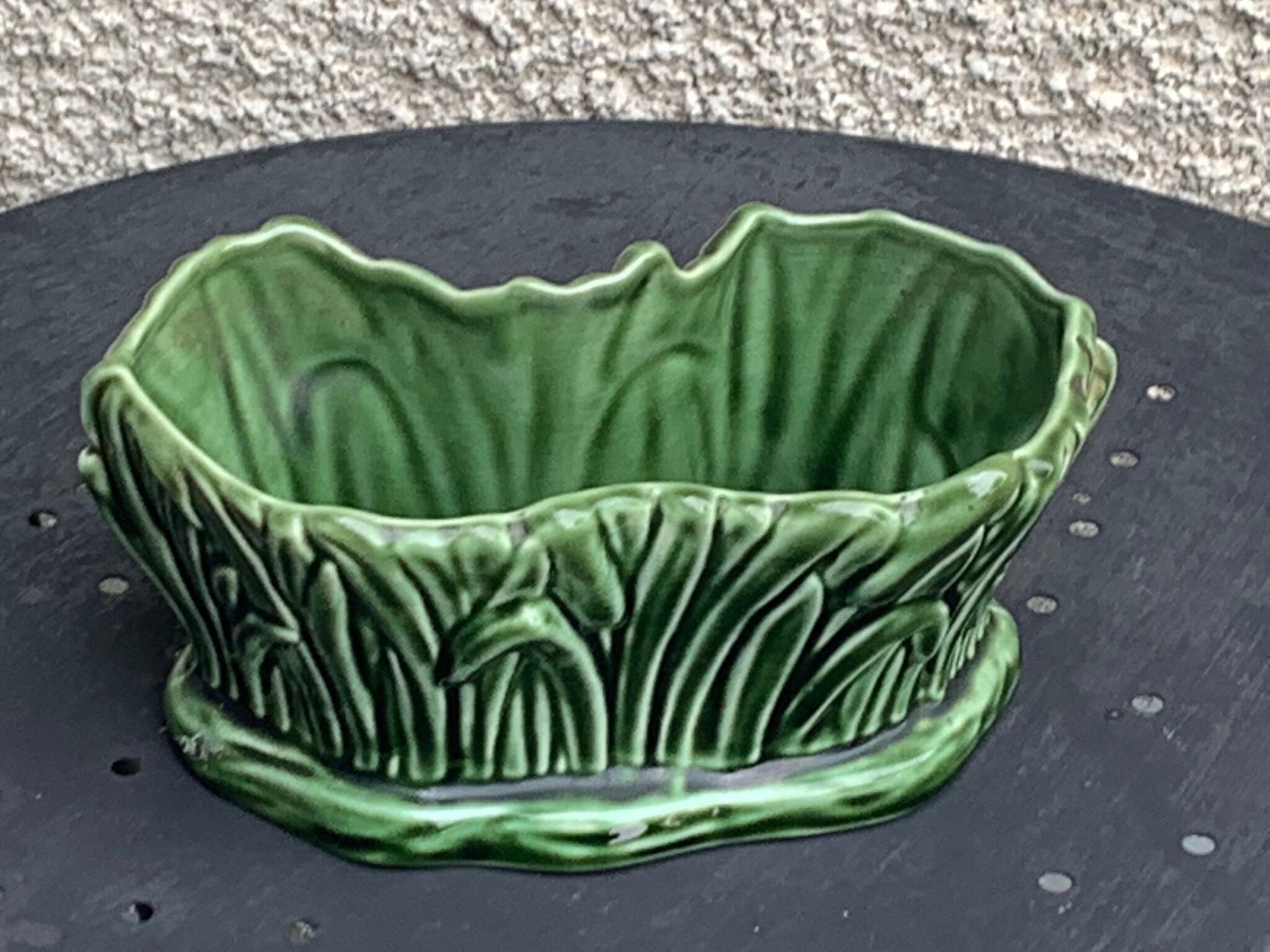 Pot cover in ceramic slurry glazed green pattern foliage and swan made in england numbered