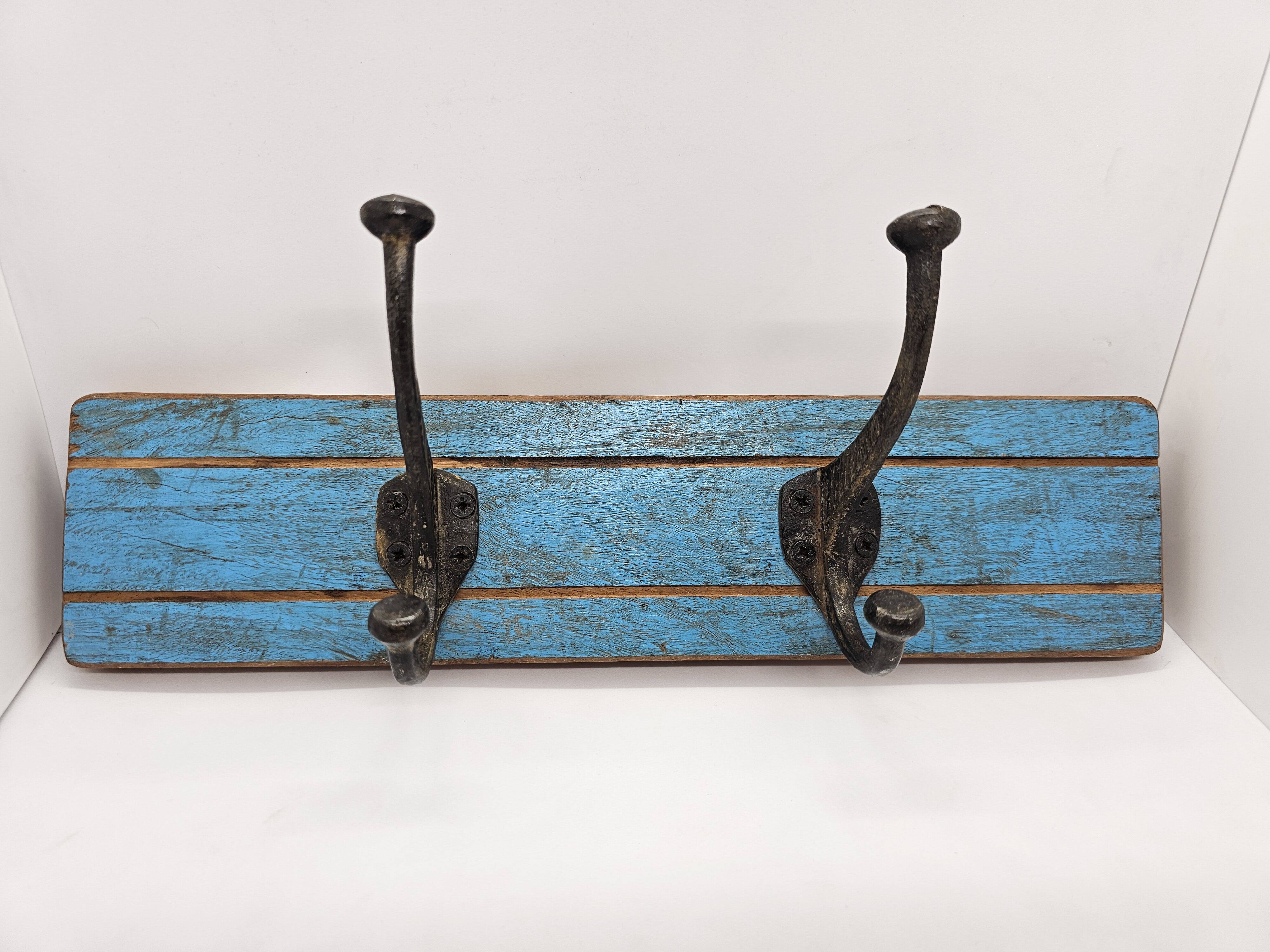 Solid teak coat hook with 2 double cast iron hooks