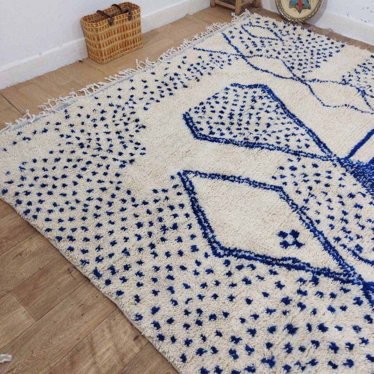 Vintage Azilal rug 310x246 cm - Blue geometric patterns