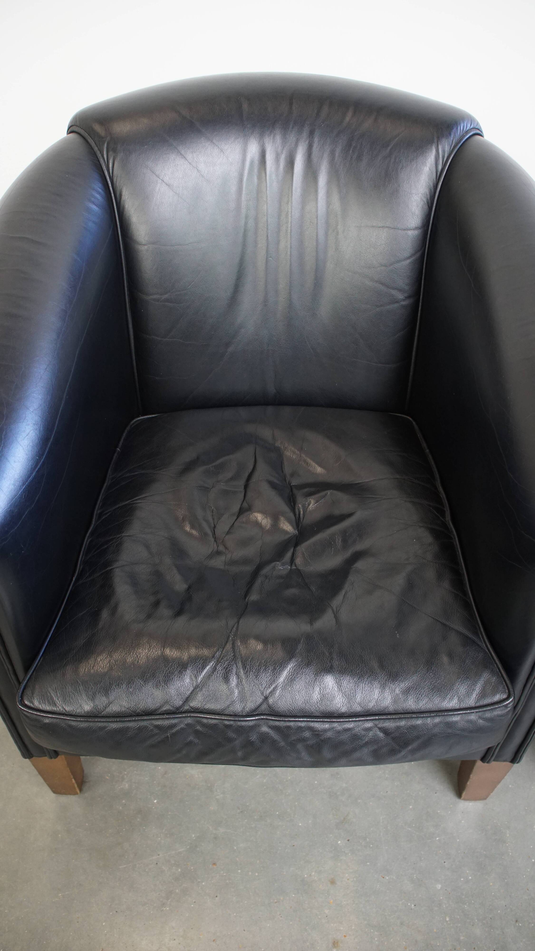 Set of 2 Black Cowhide Leather Club Chairs in English Style