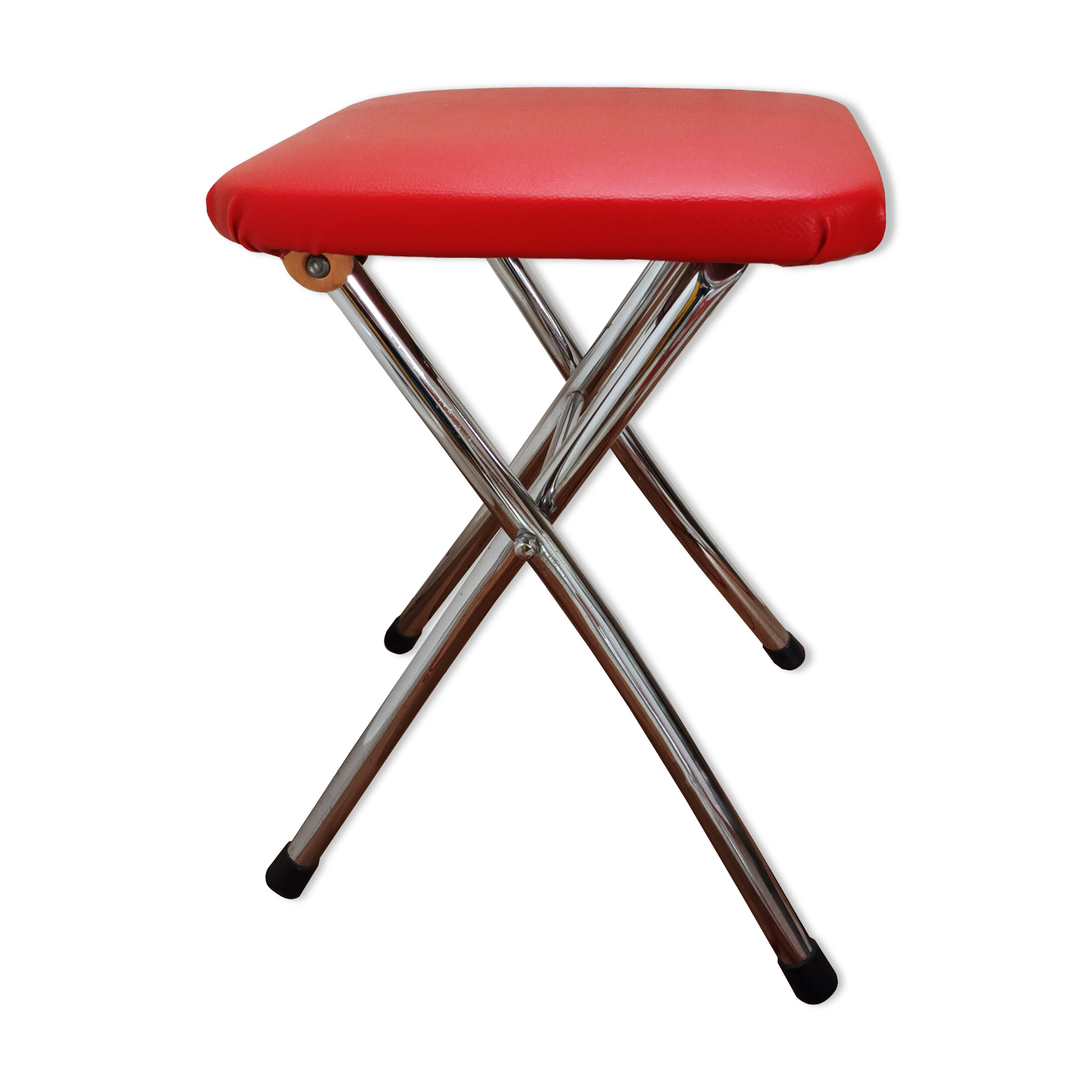 Tabouret vintage 60 repliable Branbantia chrome et skaï rouge