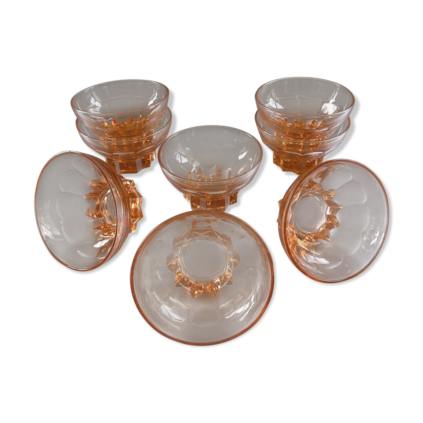 Lot de 8 coupelles en verre moulé rose vintage, années 40-50
