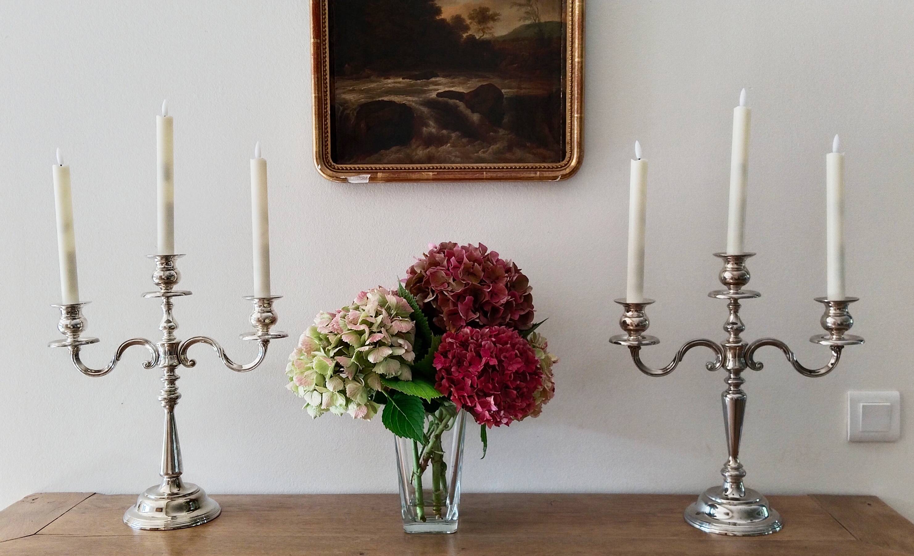3-arm silver-plated metal candlesticks, candlesticks