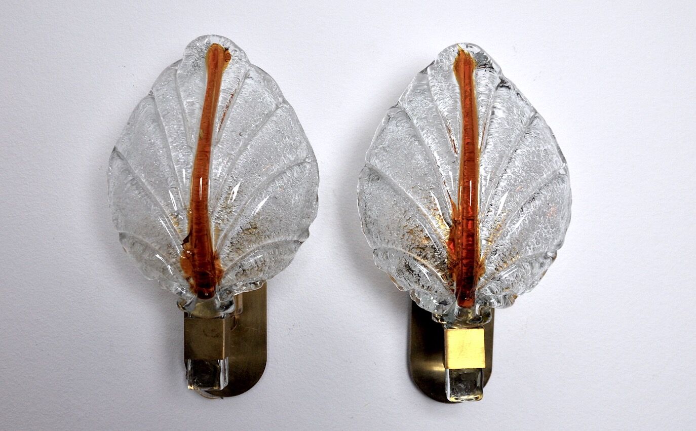 Pair of "leaf" wall lamps by Carl Fagerlund, Murano glass, Germany, 1970