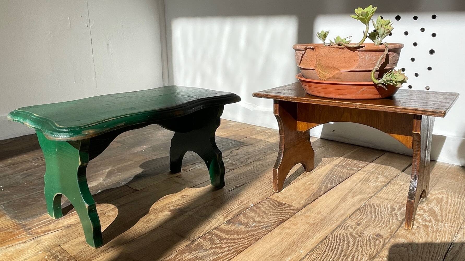 2 vintage wooden bar stools