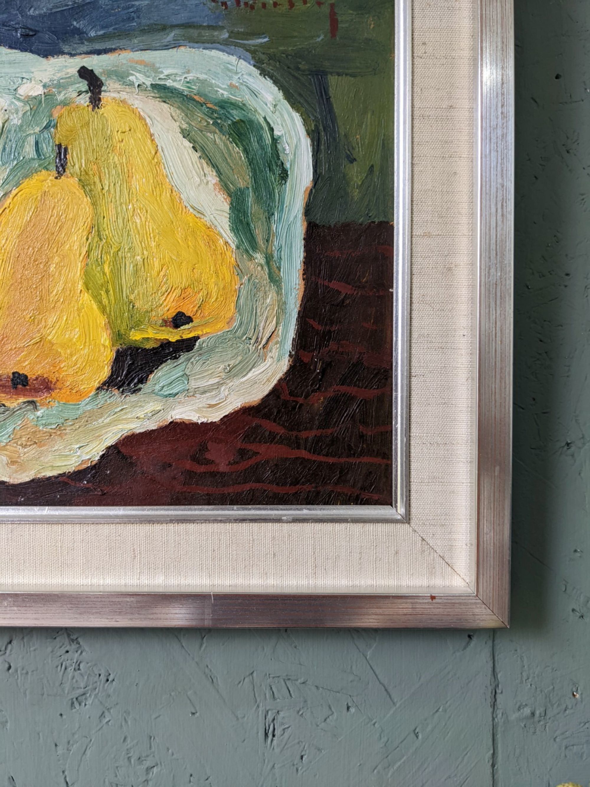 Mid-Century Modern Swedish "Luminous Pears" by Eric Cederberg, Framed Still Life Oil Painting