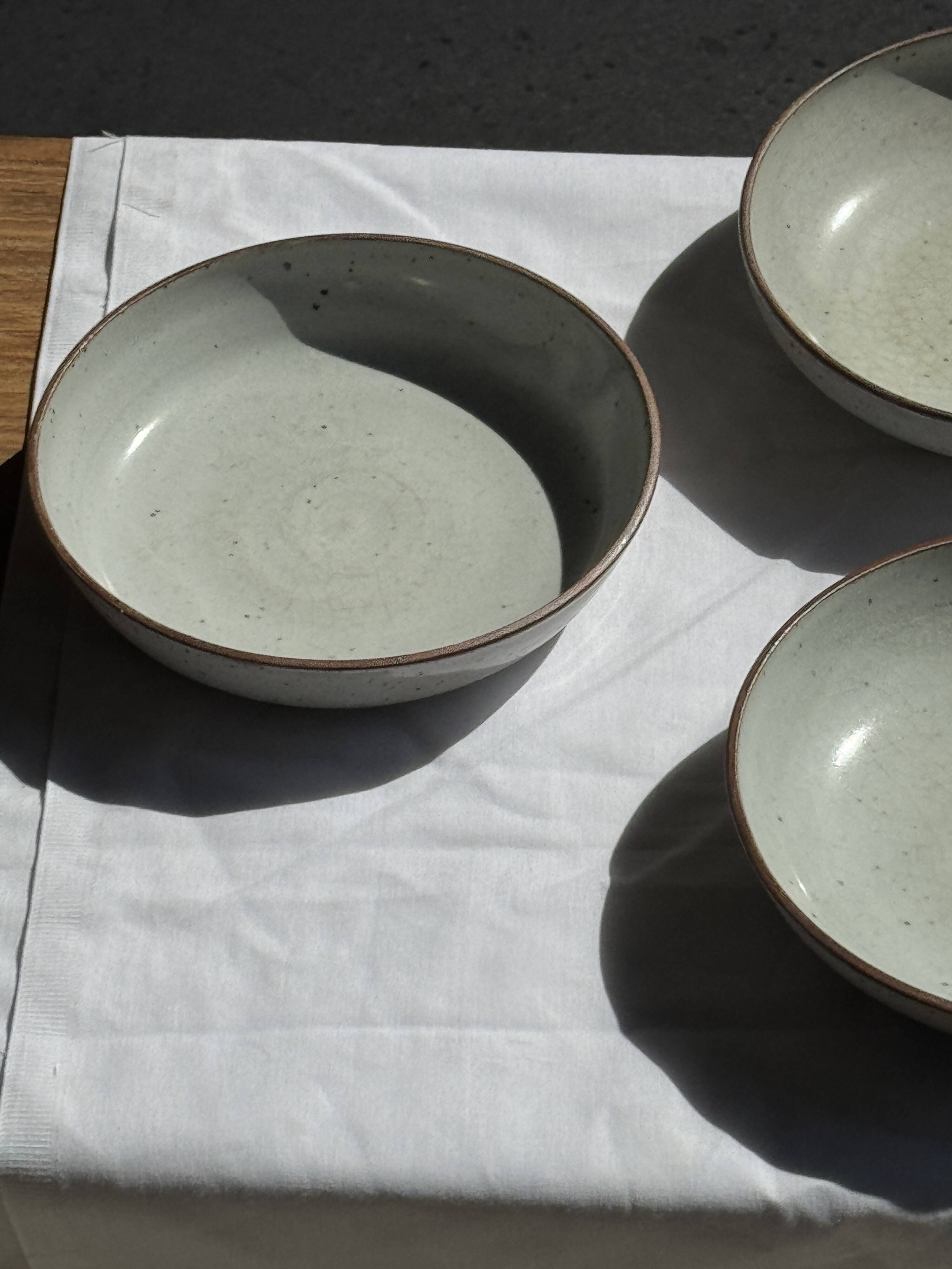 Set of 7 handmade grey glazed ceramic deep plates D18.5 H5.