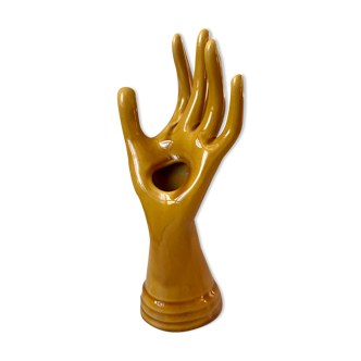 Baguier soliflore hand in yellow ceramic 70s