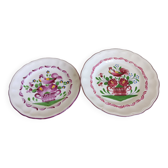 2 assiettes semi creuses en faïence, Saint Clément, vintage. Motifs fleurs et coq