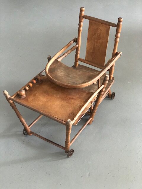 Wooden high chair for doll or bather, antique toy