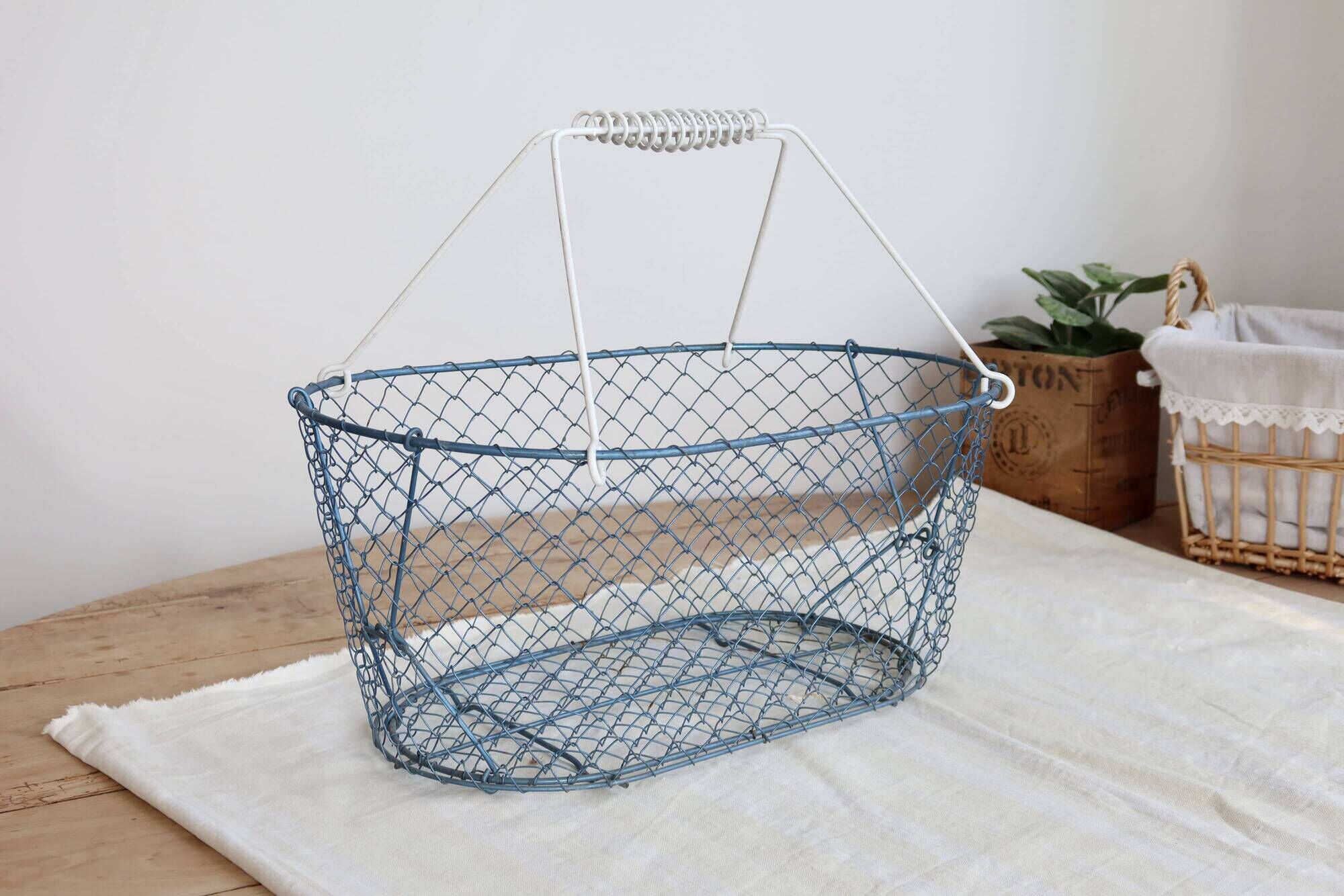 Large vintage blue wire basket