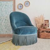 Fauteuil crapaud velours bleu avec franges