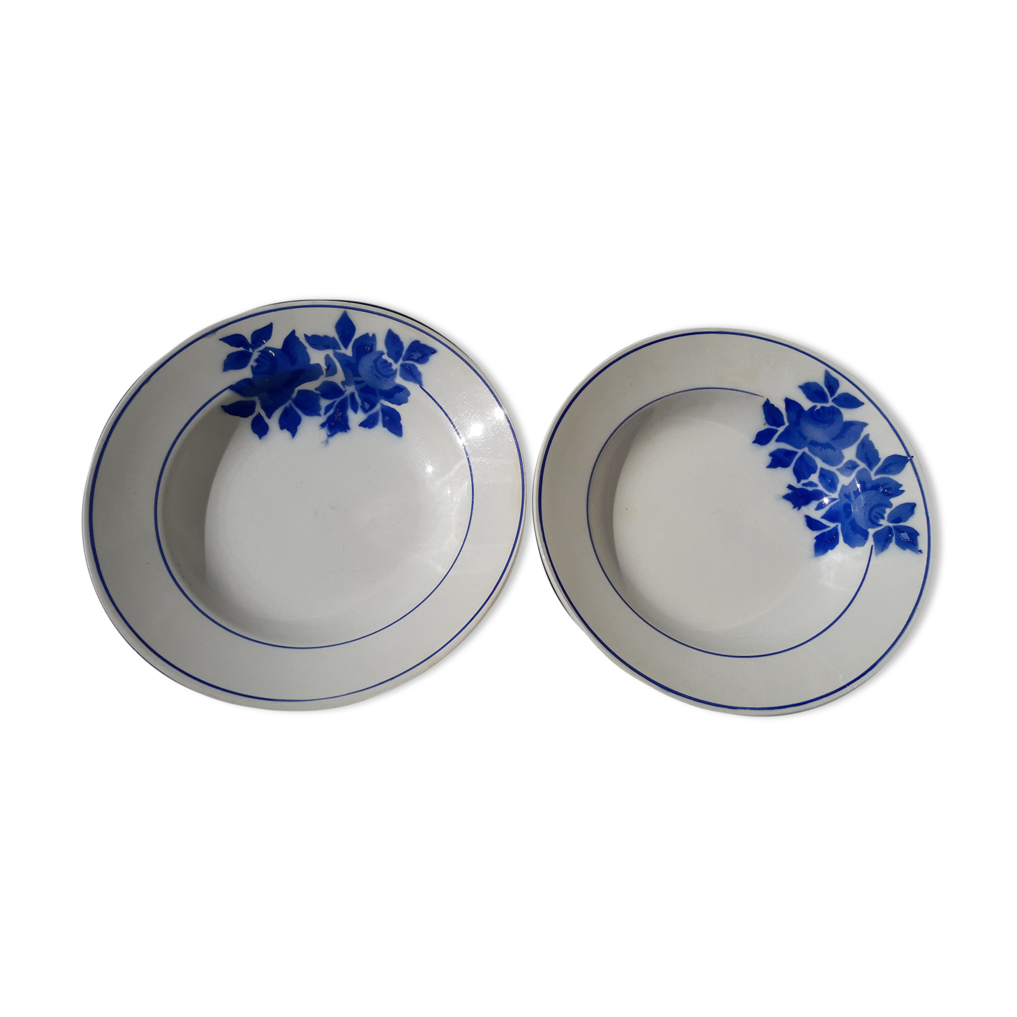 2 hollow plates in Pexonne earthenware 53 blue flower pattern diam 22.5 cm