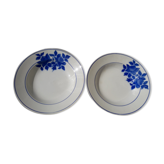 2 hollow plates in Pexonne earthenware 53 blue flower pattern diam 22.5 cm