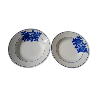 2 assiettes creuses en faïence de Pexonne 53 motif fleurs bleues diam 22,5 cm