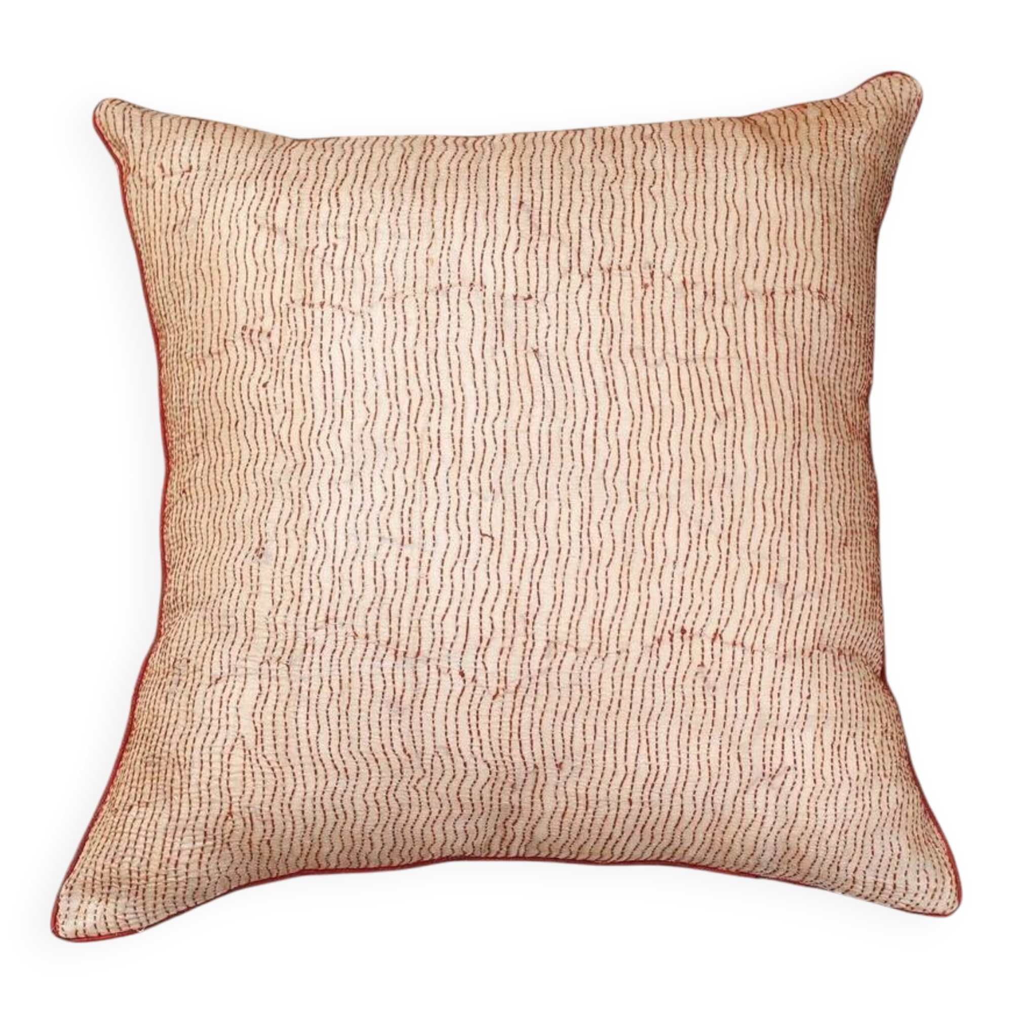 Indian cushion cover in hand-embroidered silk, beige and red