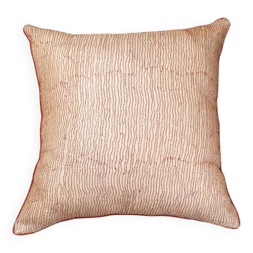 Beige and red hand-embroidered silk Indian cushion cover.
