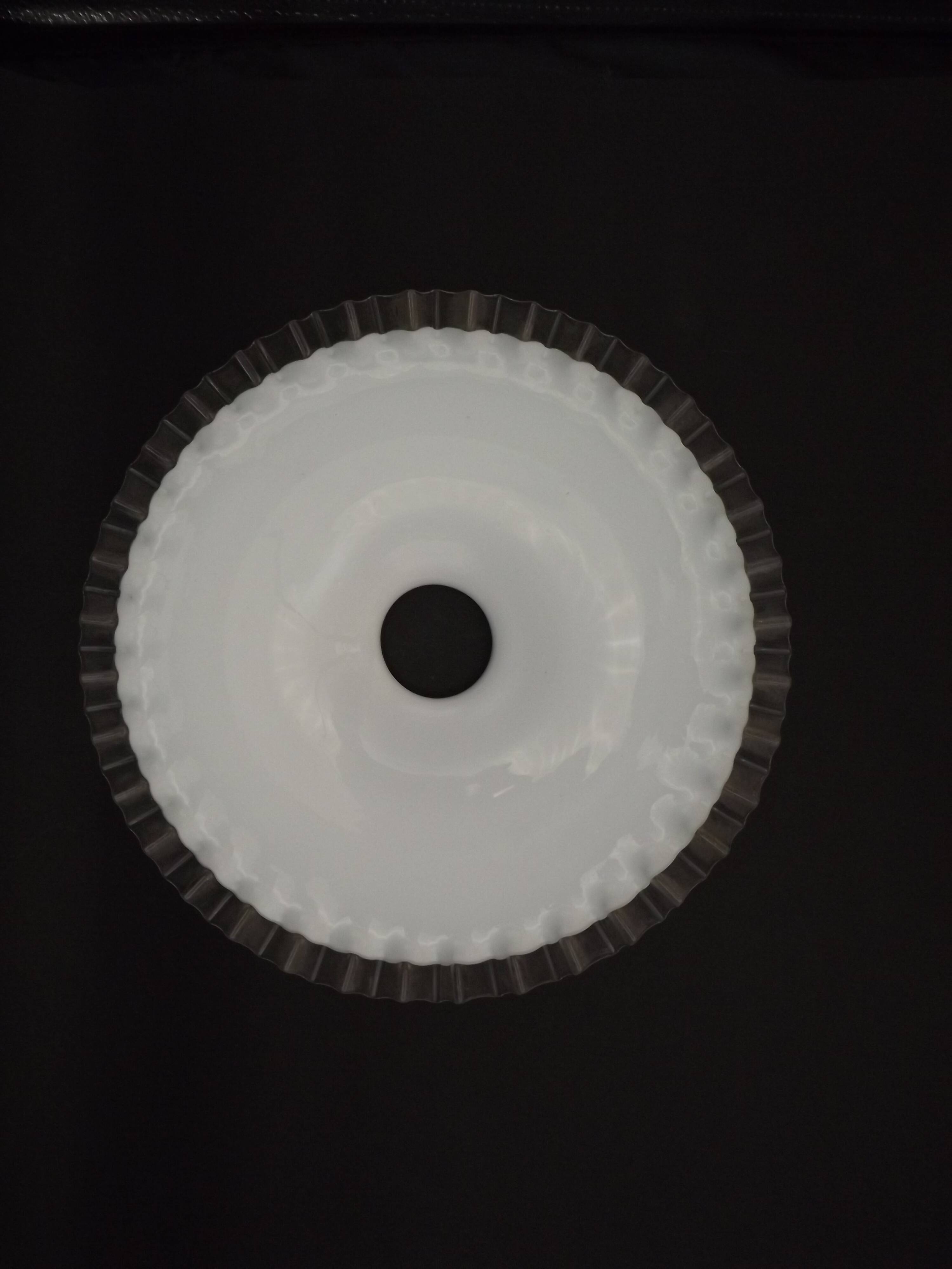 Fringed opal white glass pendant lampshade with scalloped edge.