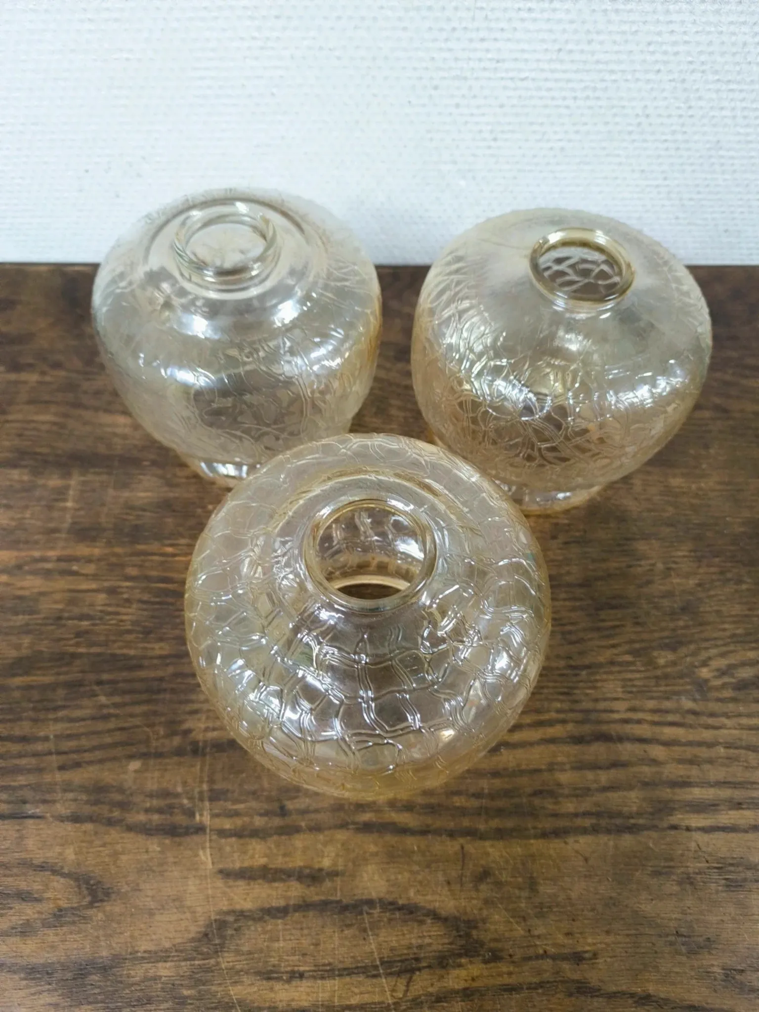 Set of 3 vintage amber textured glass globes/shades.