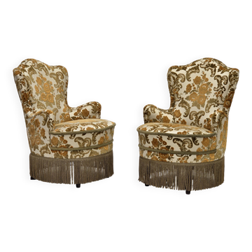1970s, pair of 2 small Danish armchairs, brown/beige furniture fabric.