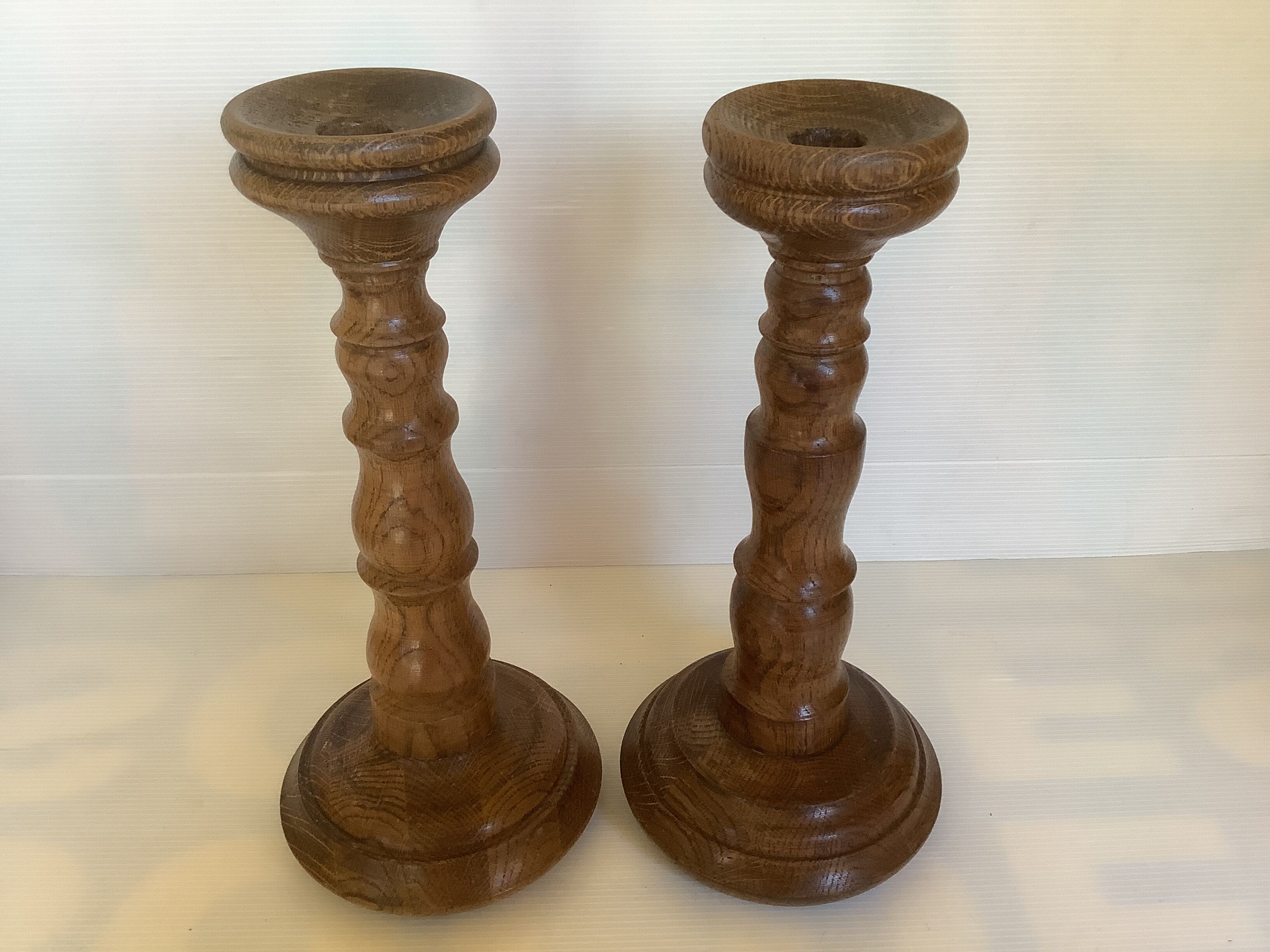 Pair old large wooden candle holders brutalist