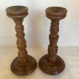 Paire anciens bougeoirs en bois brutaliste