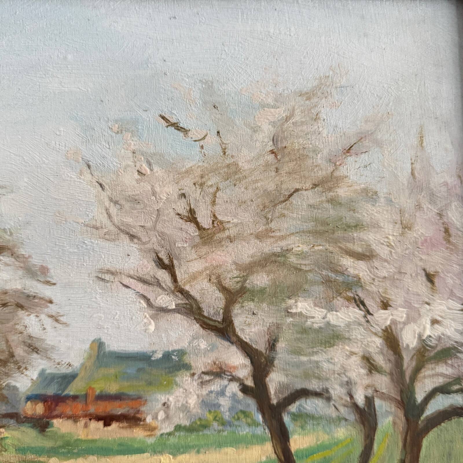 Oil on panel 20th century watercourse trees in bloom blackened wooden frame