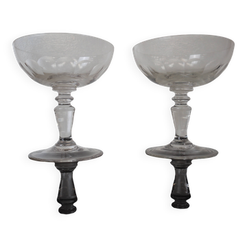 2 Antique faceted champagne glasses in blown glass