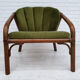Fauteuil danois, rotin, velours, années 70