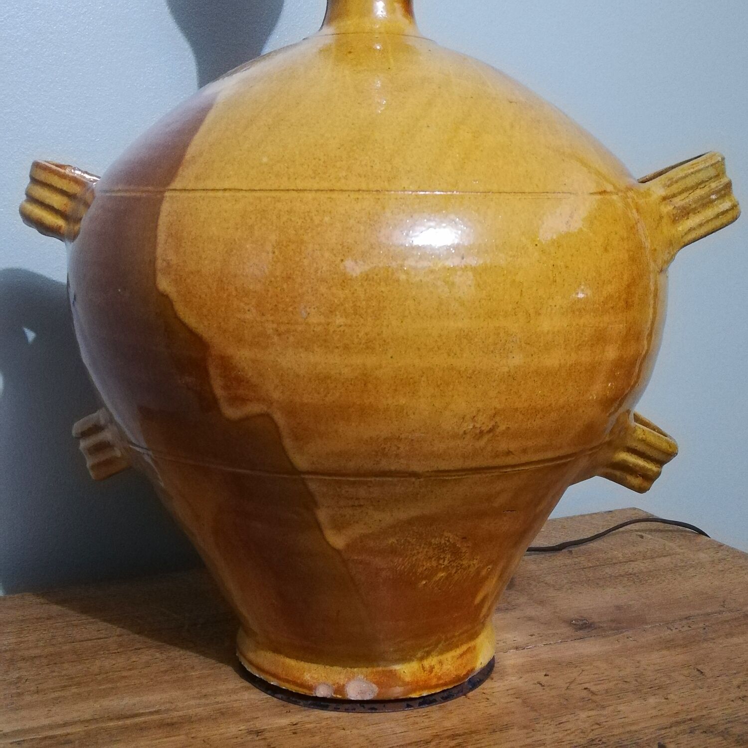 Vintage glazed stoneware lamp with hand-painted lampshade