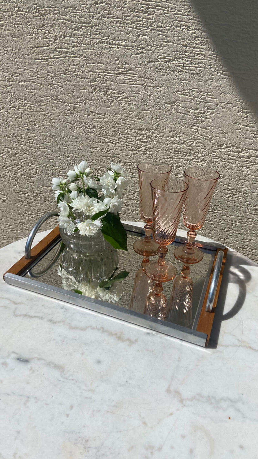 Chrome mirror tray and vintage wood 1940 / 50
