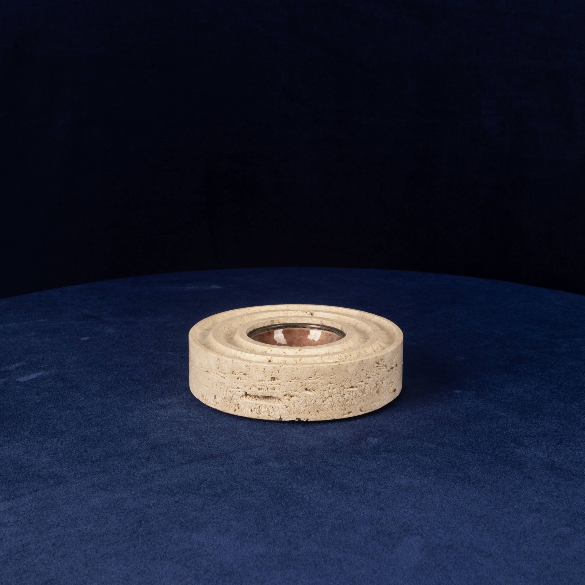 Italian Round Travertine and Copper-Toned Metal Ashtray, 1970