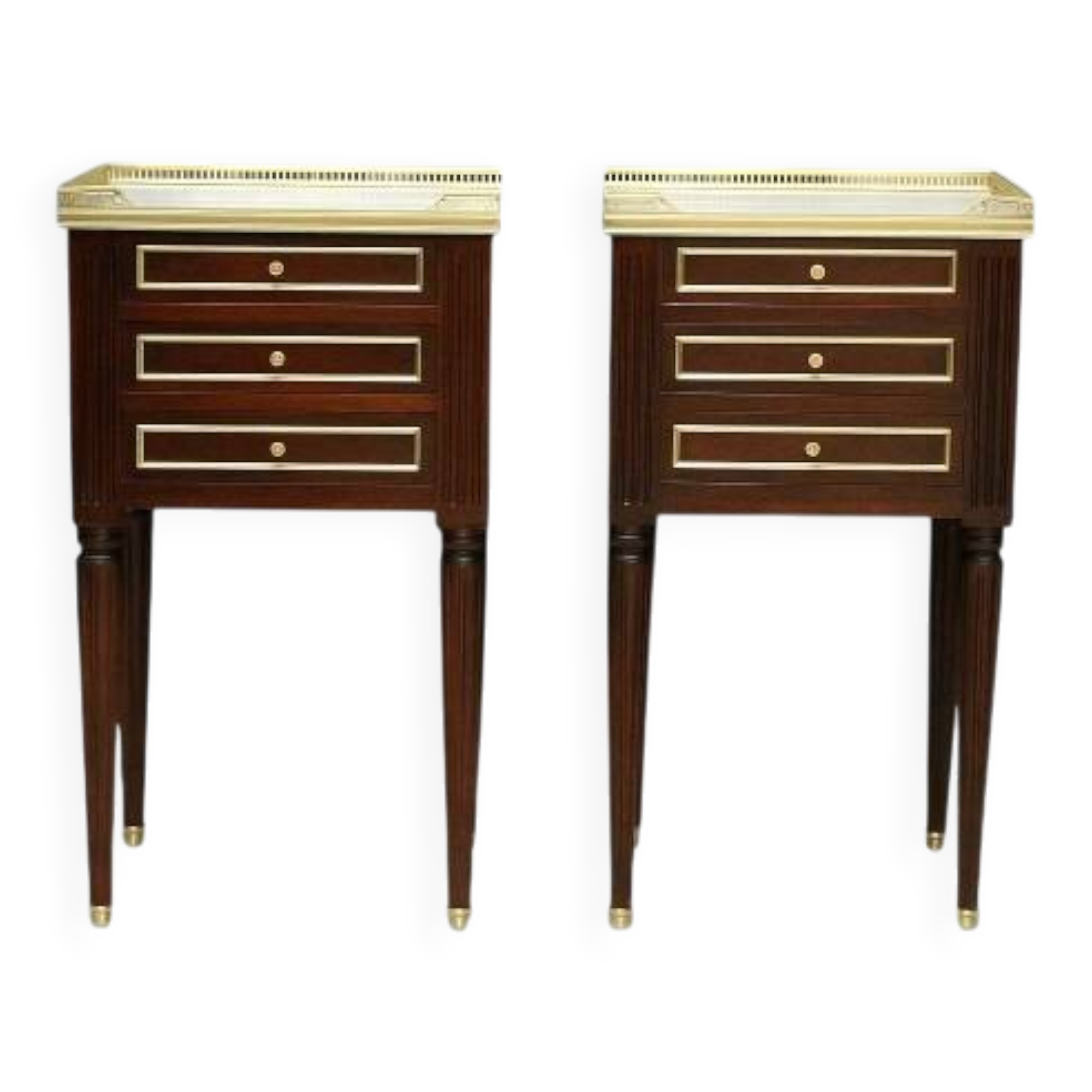 Pair of Mahogany Nightstands with White Carrara Marble in Louis XVI Style