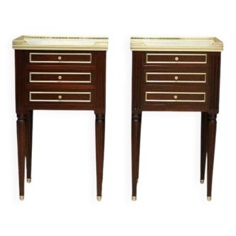 Pair of Mahogany Nightstands with White Carrara Marble in Louis XVI Style