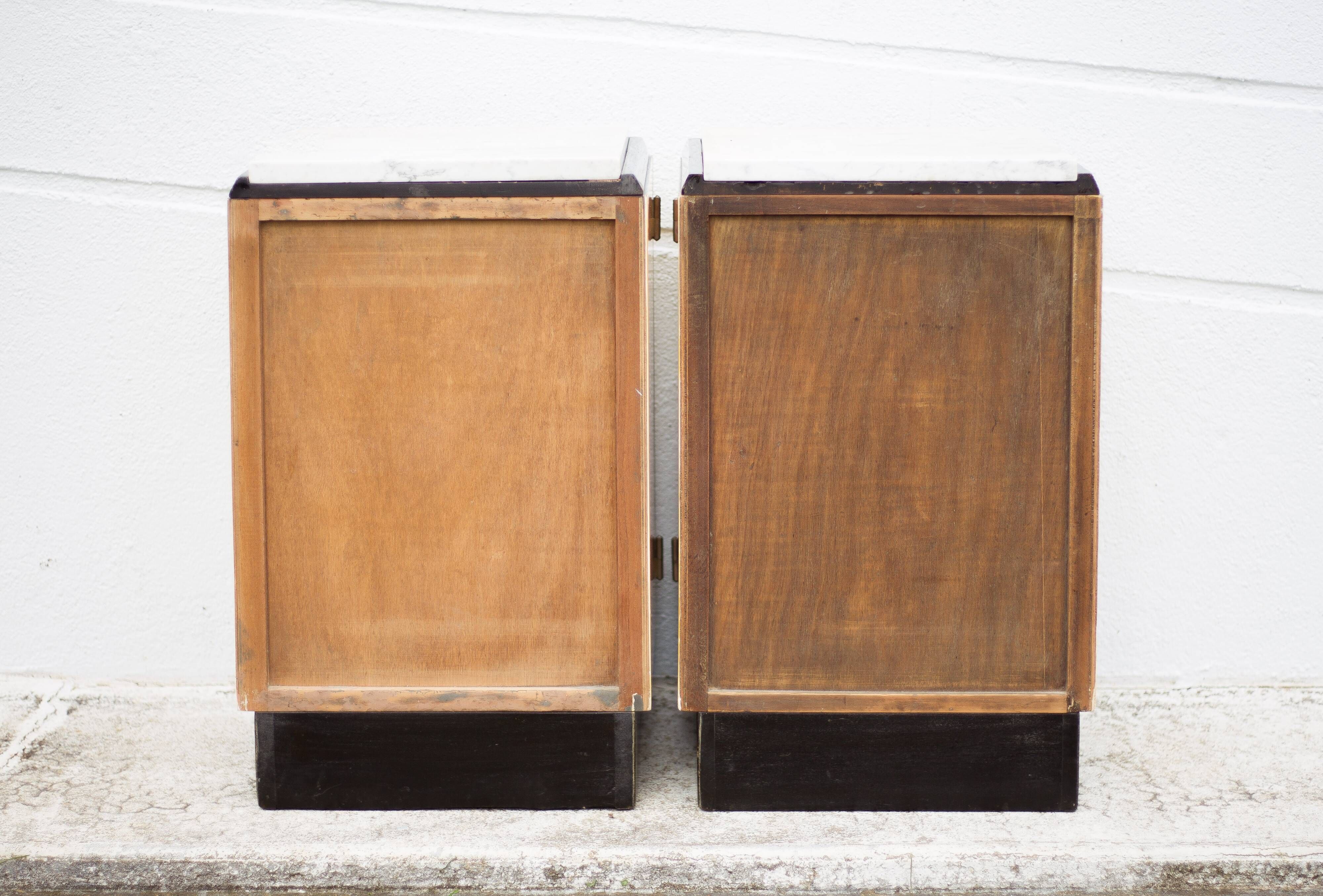 Pair of lacquered wood nightstands with brand plate, vintage bedside table, bedroom furniture