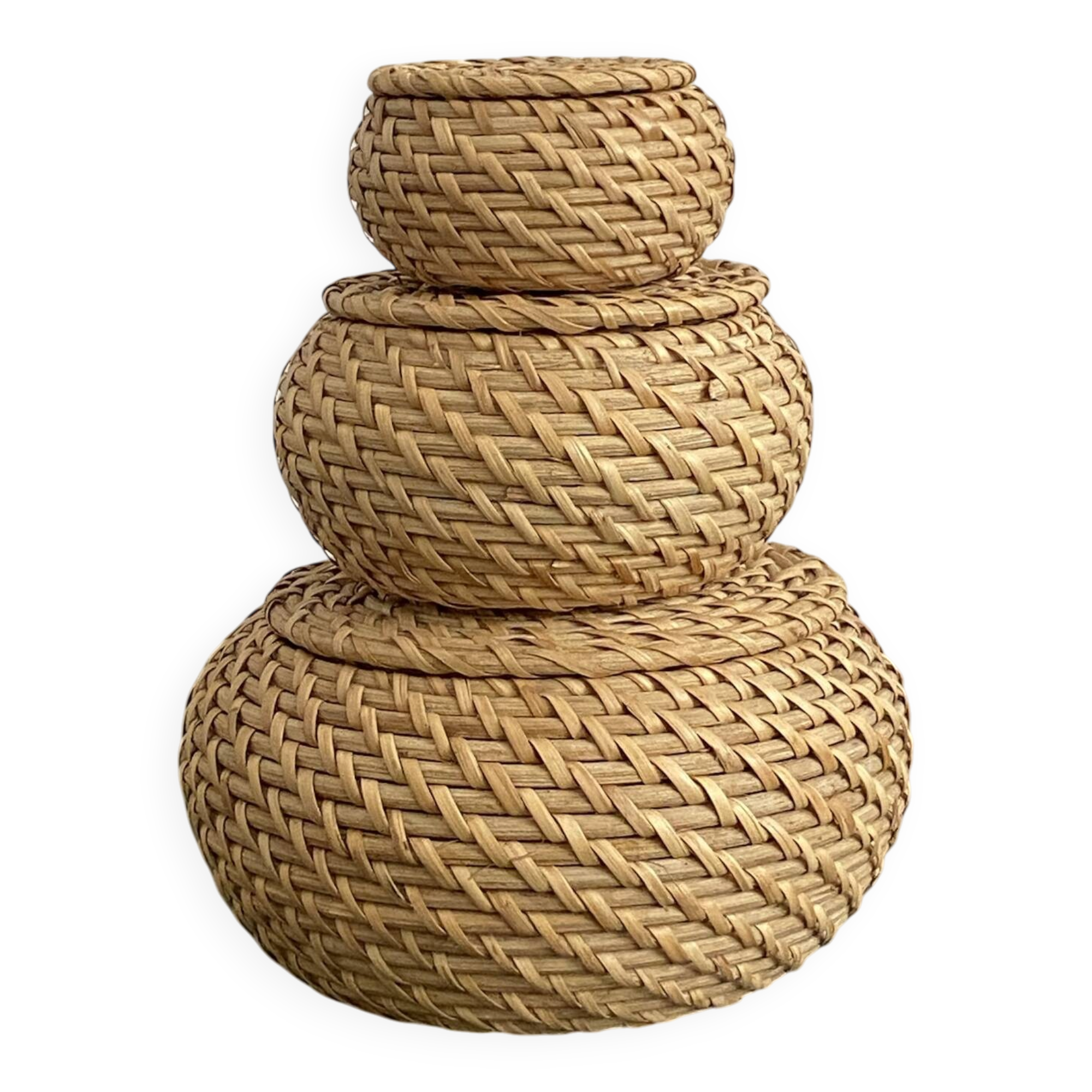 Lot de 3 boîtes gigognes rondes en rotin
