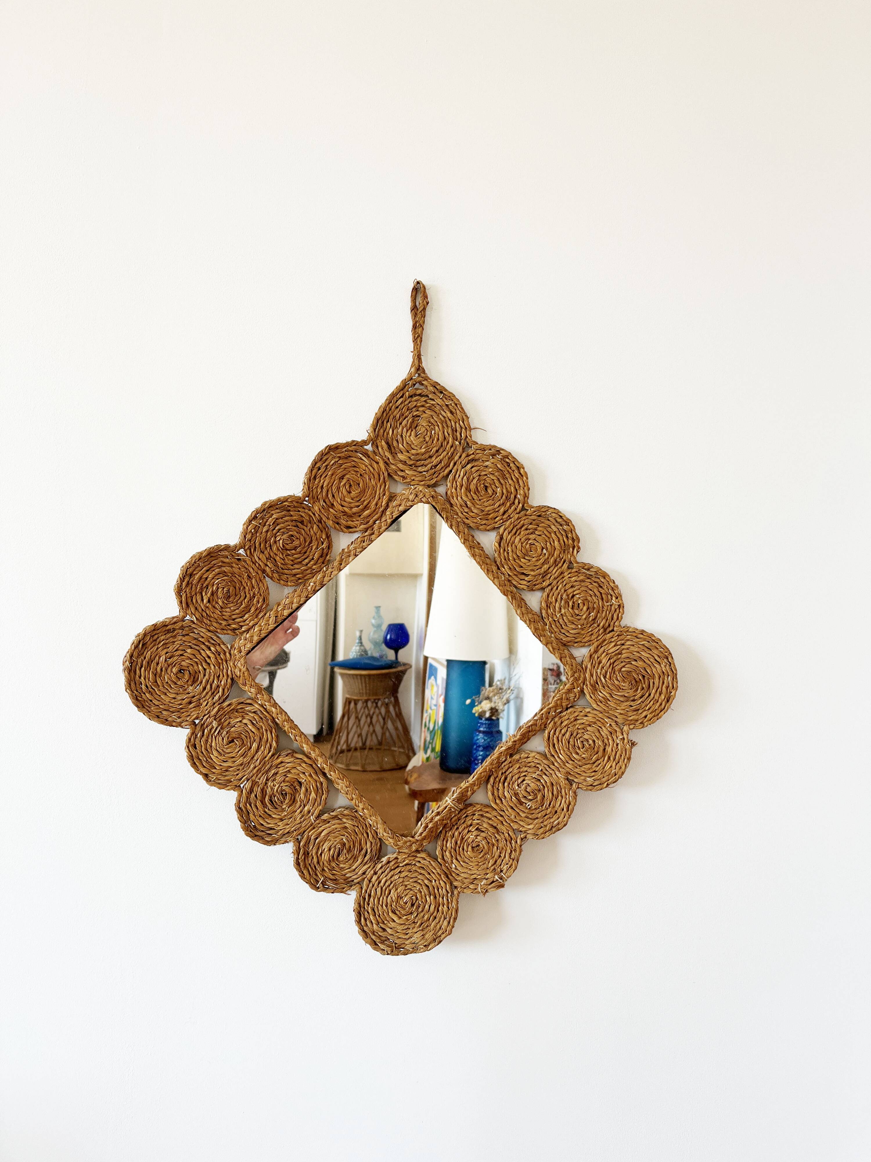 Vintage 1960s braided raffia mirror