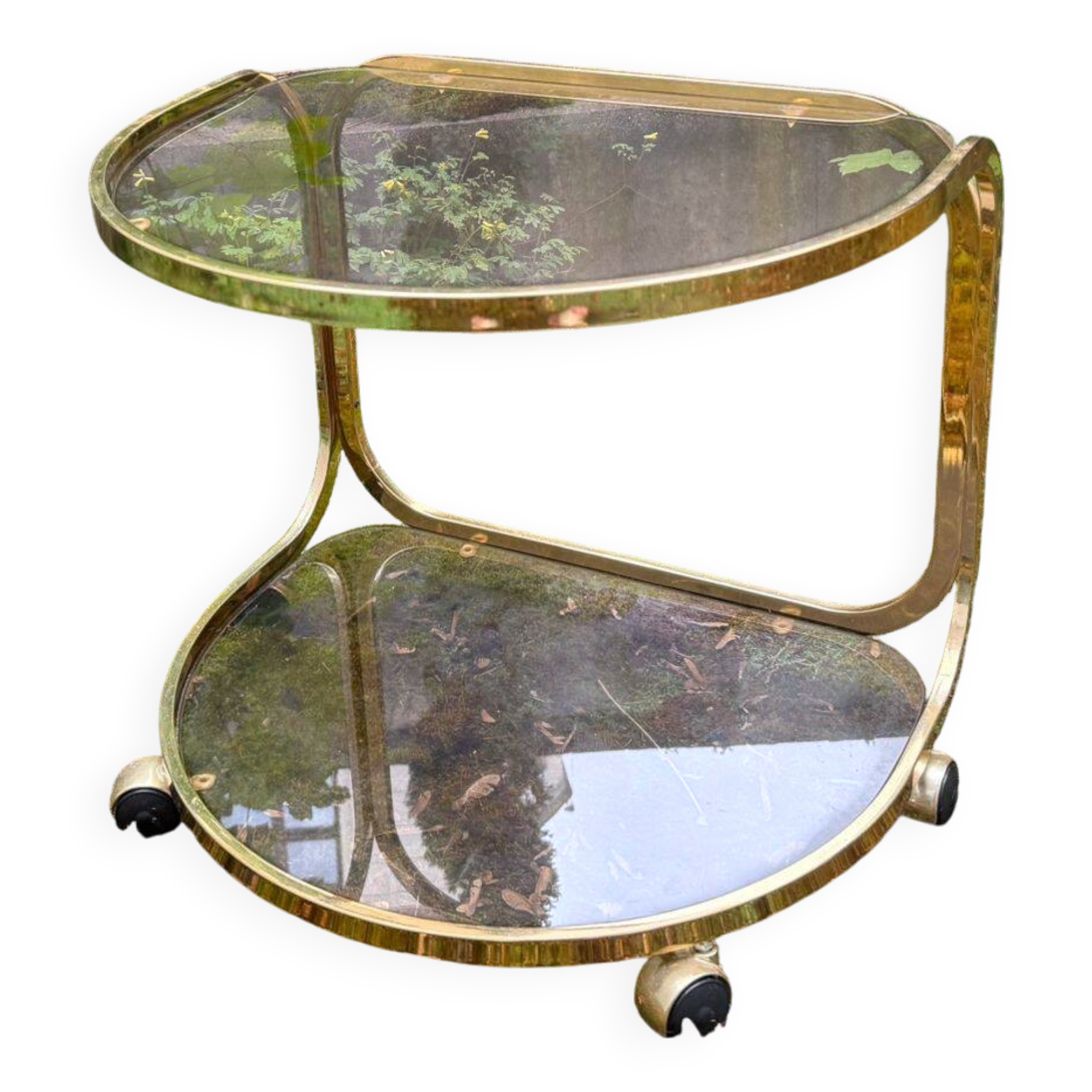 Desserte / Table Basse Vintage en Laiton Doré et Verre Fumé