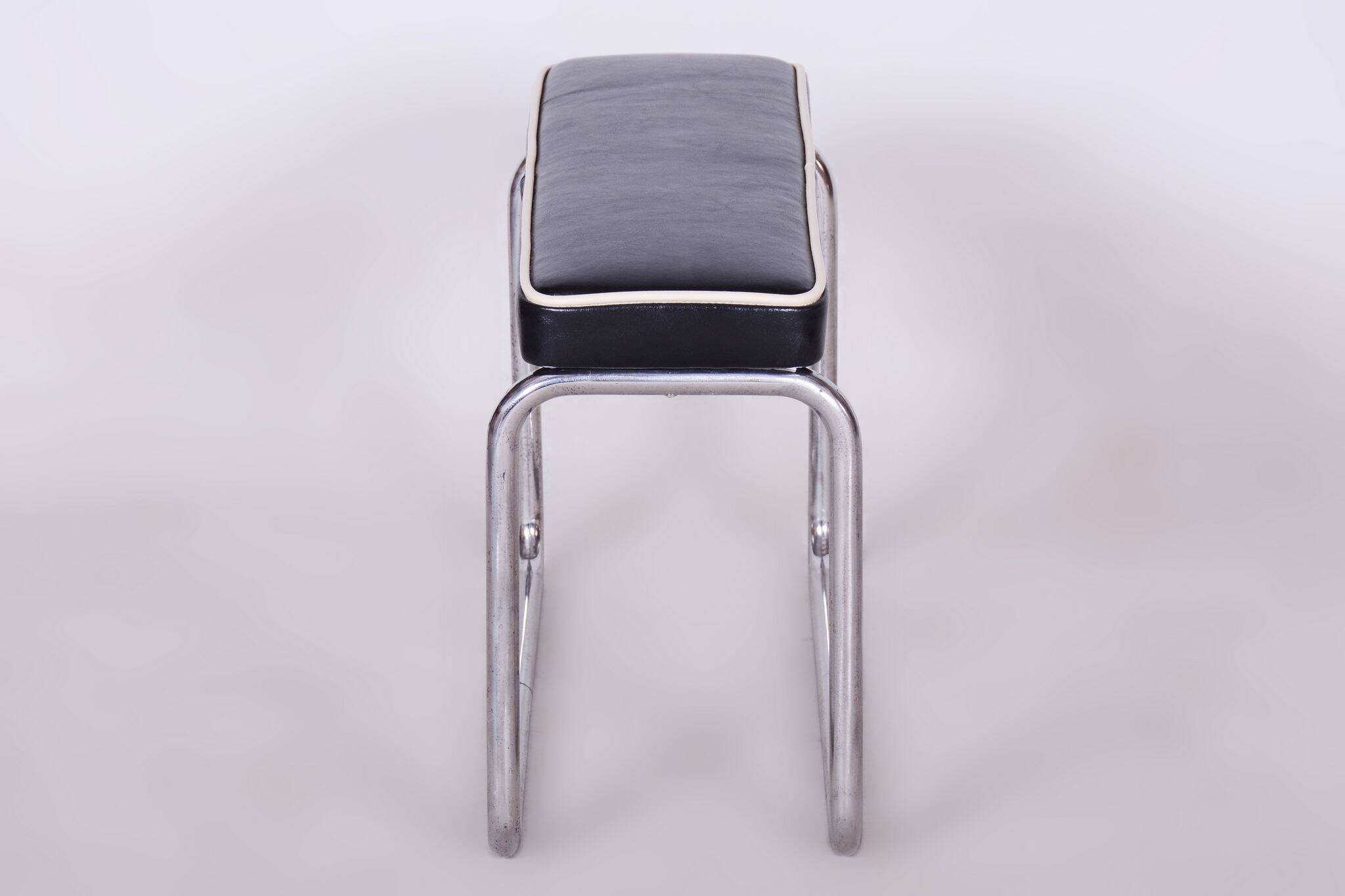 Restored Bauhaus Stool, High Quality Italian Leather, Chrome, Czechia, 1930s