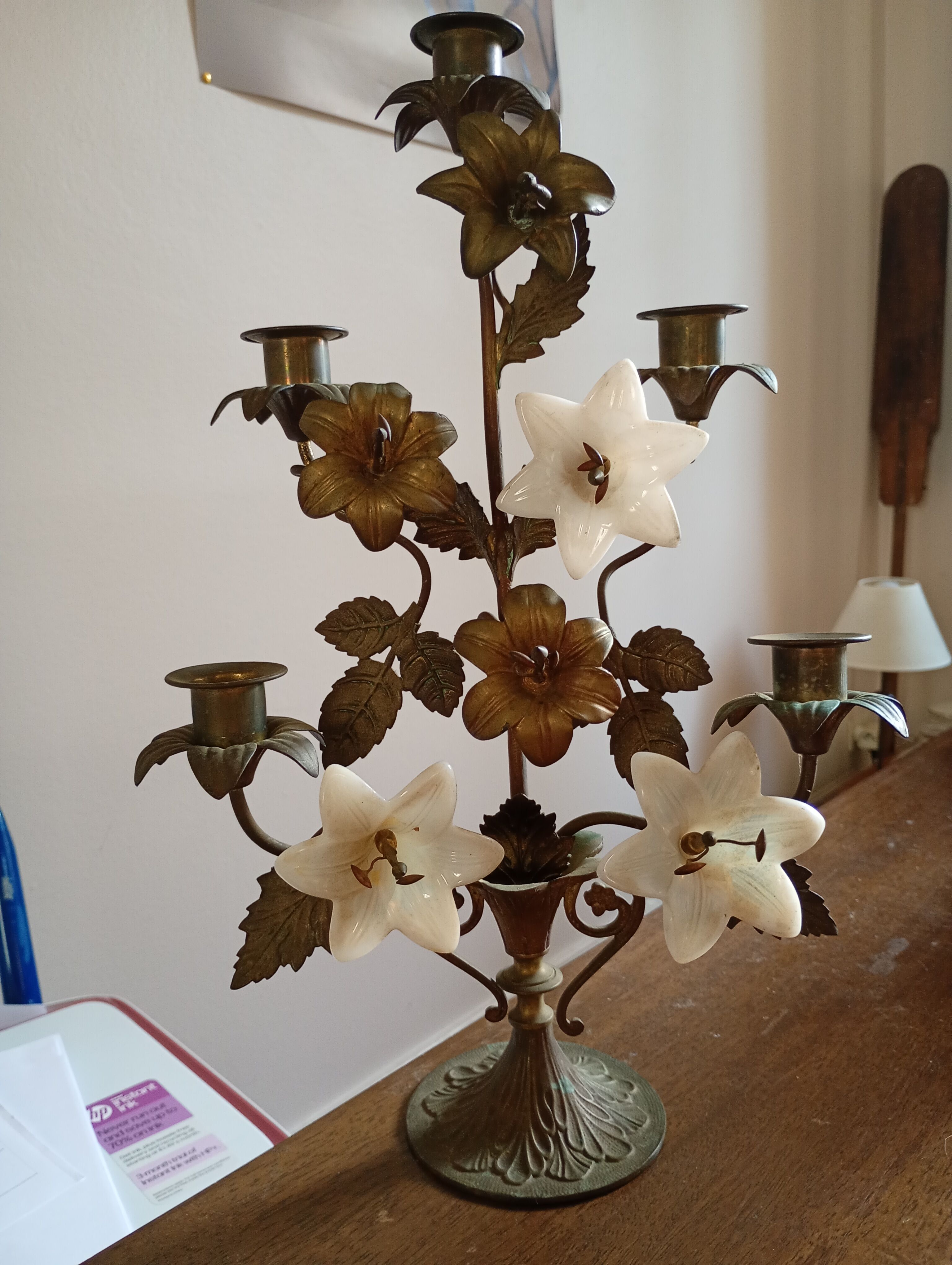 Church candelabrum in brass and glass