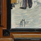 Vintage oil painting of the Viktualienmarkt in winter in Munich by Alexander Michael.