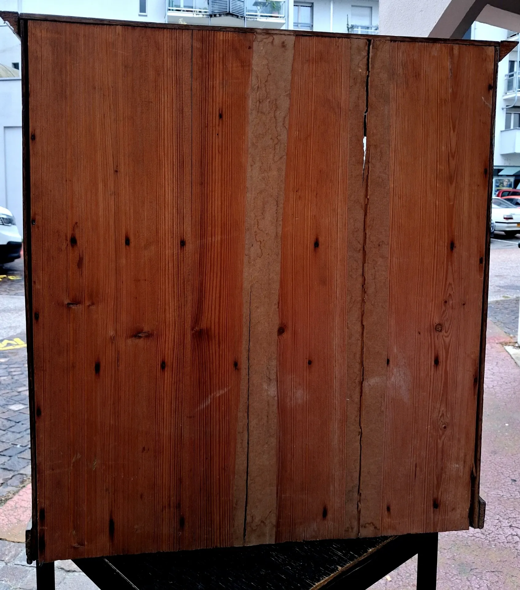 Vintage wooden wall display cabinet, chalet country design.