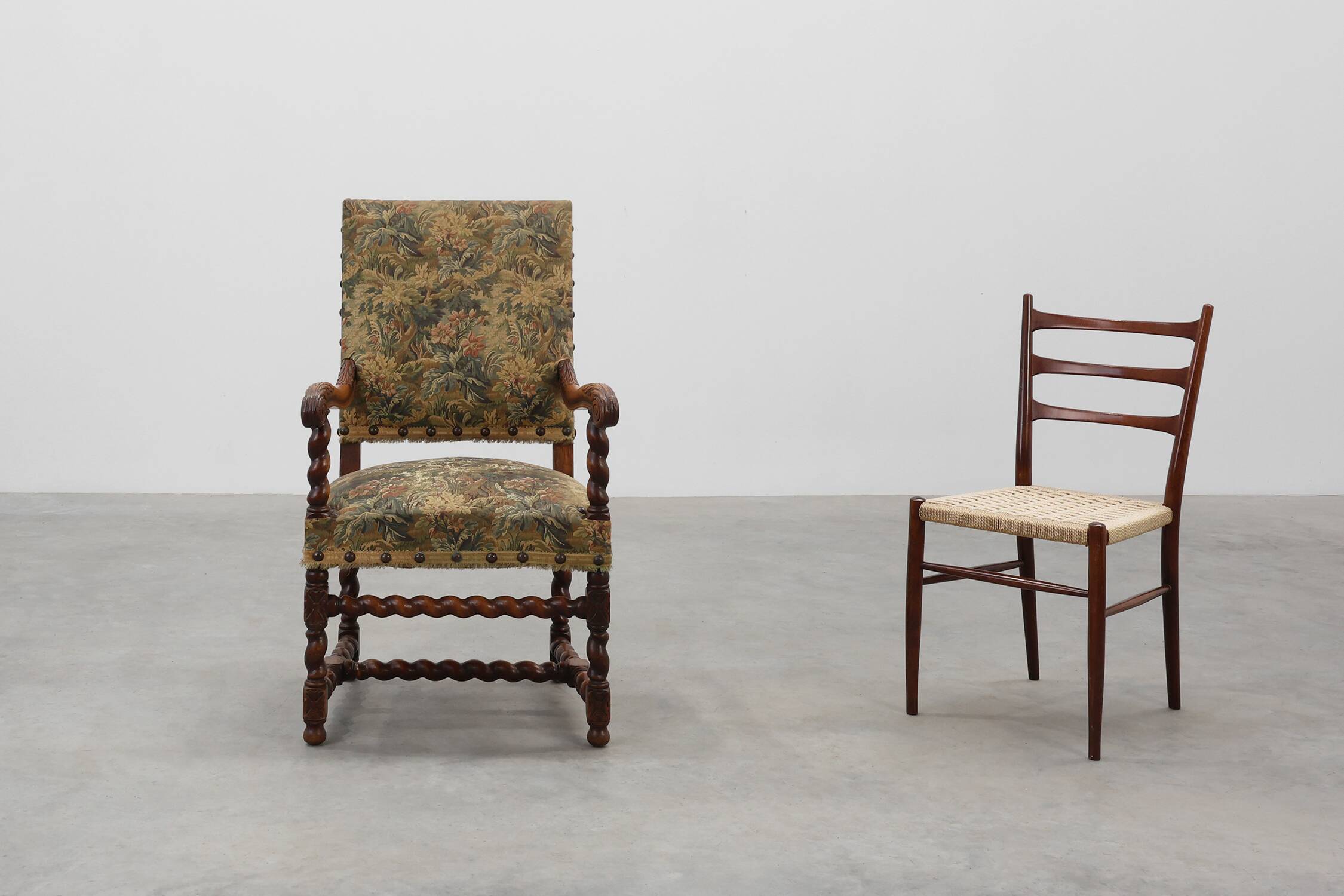 Antique armchair in walnut with tapestry upholstery, UK 17th century