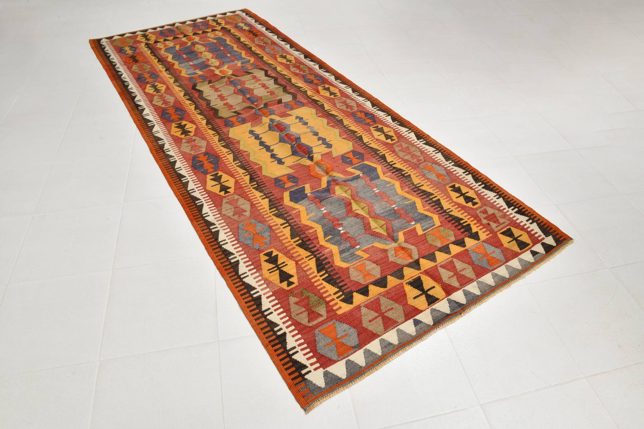 5x12 Soft Red and Orange Anatolian Kilim Rug, Wool Kilim Carpet, 139x377Cm