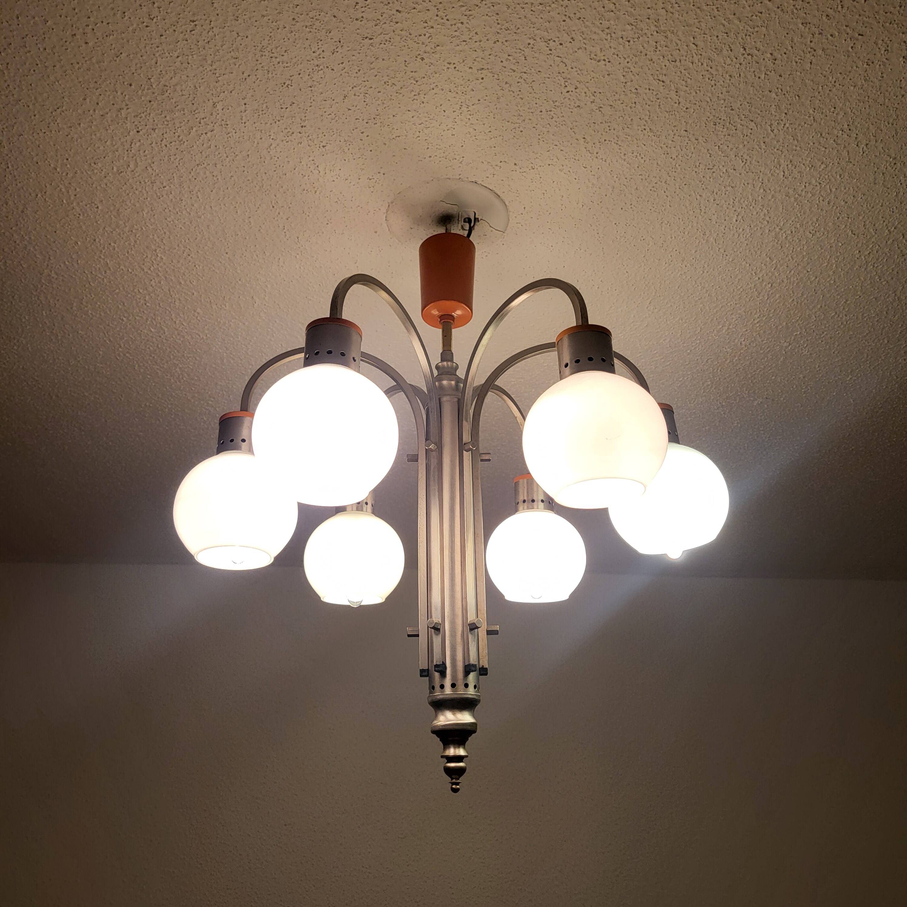 Space Age chrome and globe pendant light, Italy, 1960-70