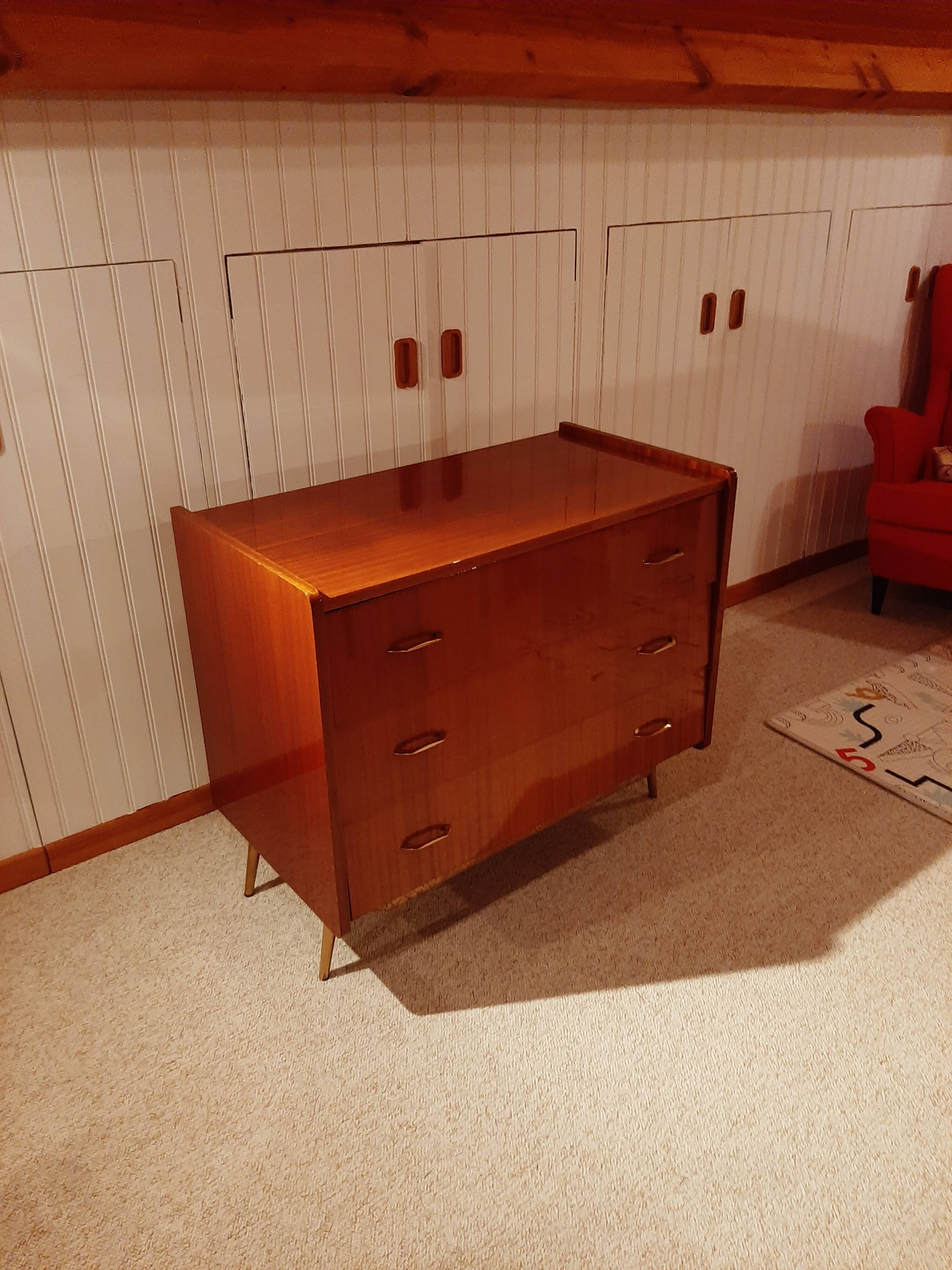 Vintage chest of drawers 3 drawers - varnished teak - Scandinavian style - retro patterns - 60s