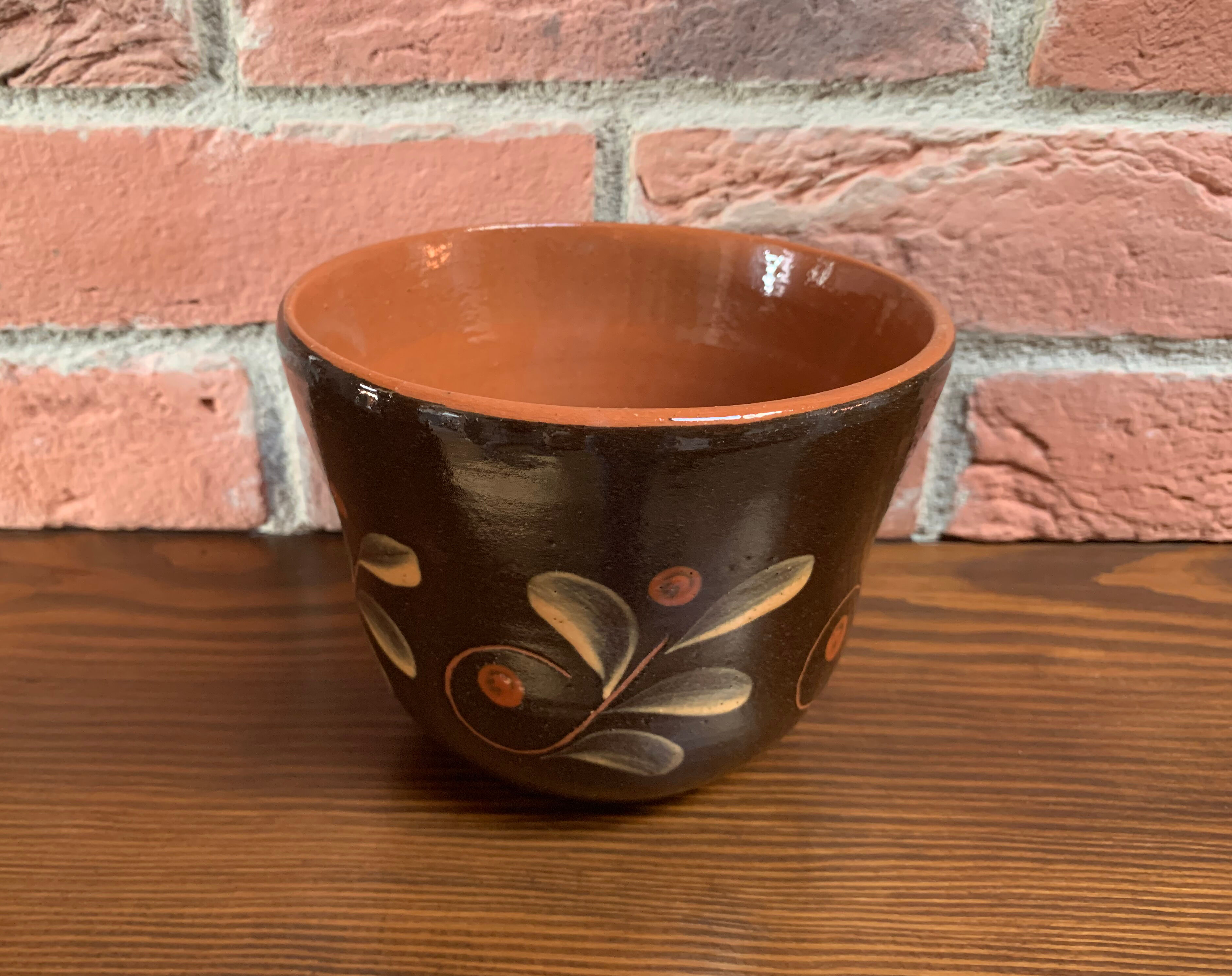 Dark Brown East German Planter with Floral Motif in the Style of Khokhloma