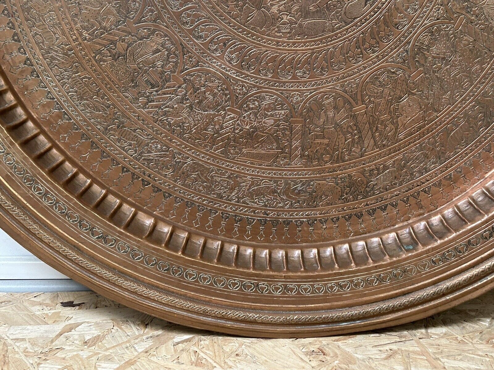 Large ancient copper tray, engraved Persia, offering scenes, vintage ethnic
