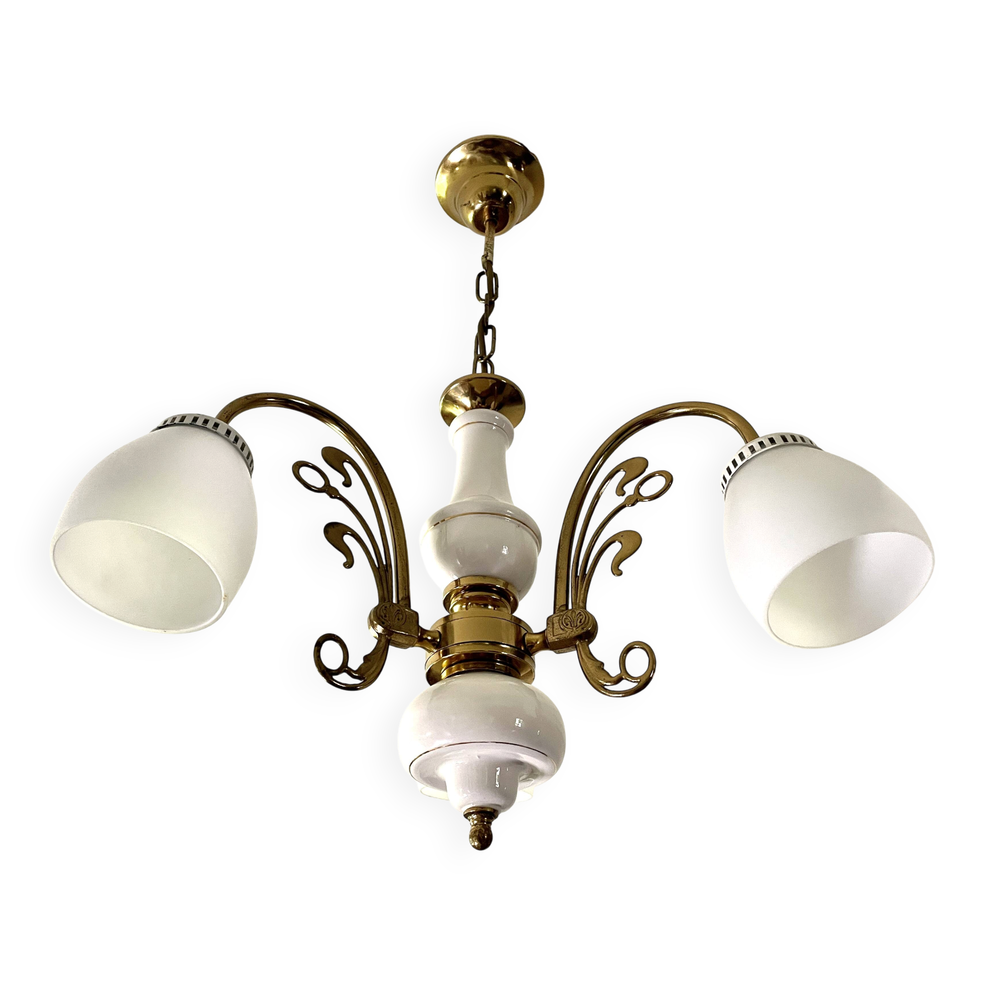Three-light chandelier in gilded brass and porcelain, Art Nouveau style, 1970.