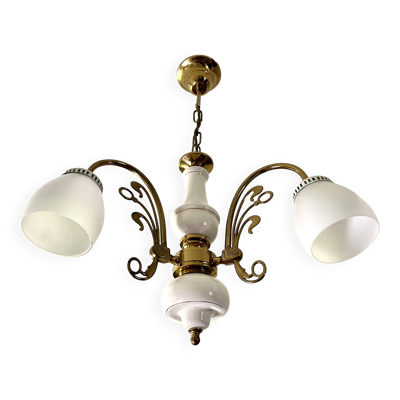 Lustre 3 feux en laiton doré et porcelaine de style Art Nouveau, 1970